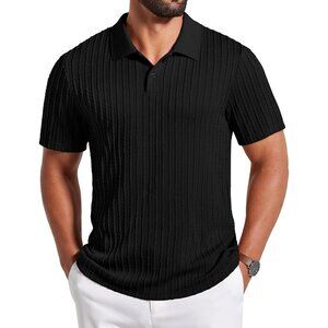 Men's All Black Polo Textured Knit Button Casual Short Sleeve Imported Shirts
